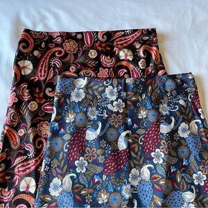 Lot of 2 Loft bias midi skirts blue peacock floral and black pink paisley XS